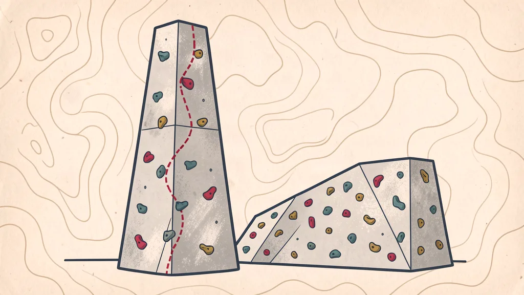 Chalky topo-map illustration of a bunker tower and bouldering wall with a dashed route line and colored holds