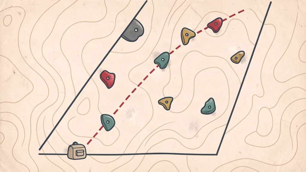 Chalky topo-map illustration of a bouldering wall with a dashed route line and colored holds