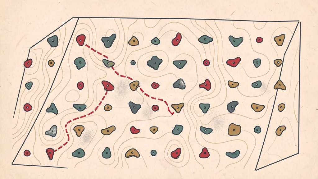 Chalky topo-map illustration of a bouldering wall with a dashed route line and colored holds