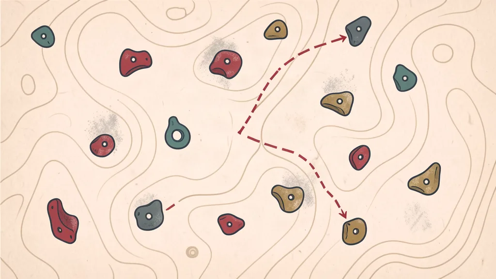 Chalky topo-map illustration of a bouldering wall with a dashed route line and colored holds