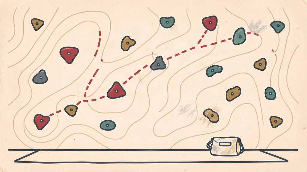 Chalky topo-map illustration of a bouldering wall with colored holds and a dashed route line climbing between them