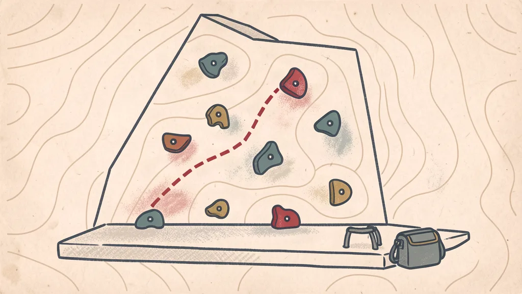 Chalky topo-map illustration of a bouldering wall with colored holds and a dashed route line climbing between them
