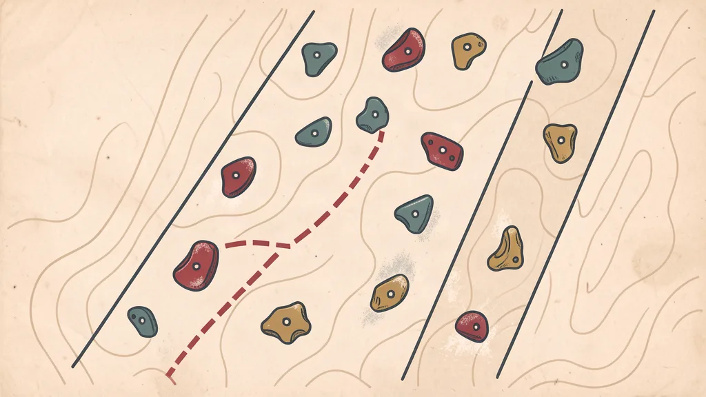 Chalky topo-map illustration of a bouldering wall with colored holds and a dashed route line climbing between them