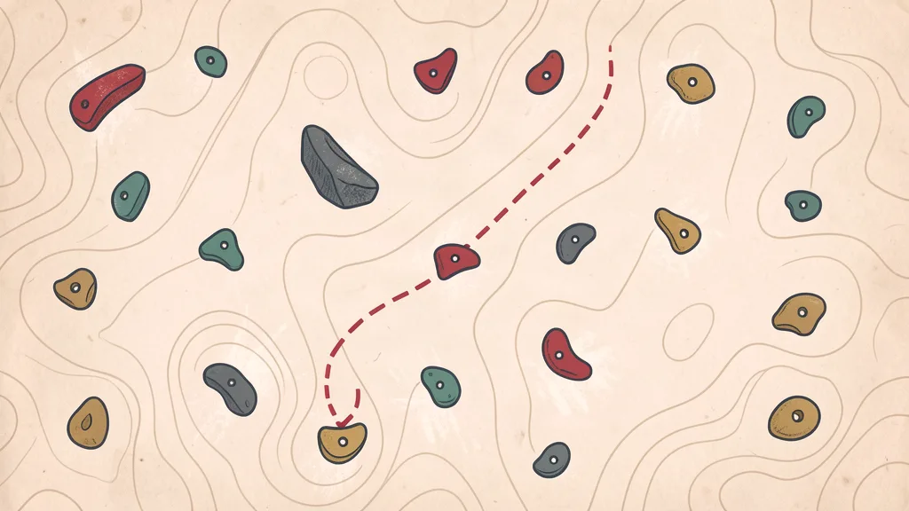 Chalky topo-map illustration of a bouldering wall with a dashed route line and colored holds