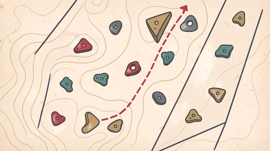 Chalky topo-map illustration of a bouldering wall with colored holds and a dashed route line climbing between them