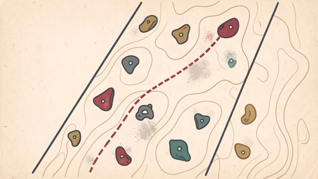 Chalky topo-map illustration of a bouldering wall with a dashed route line and colored holds