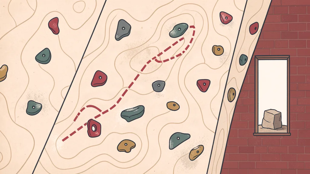 Chalky topo-map illustration of a bouldering wall with a dashed route line and colored holds