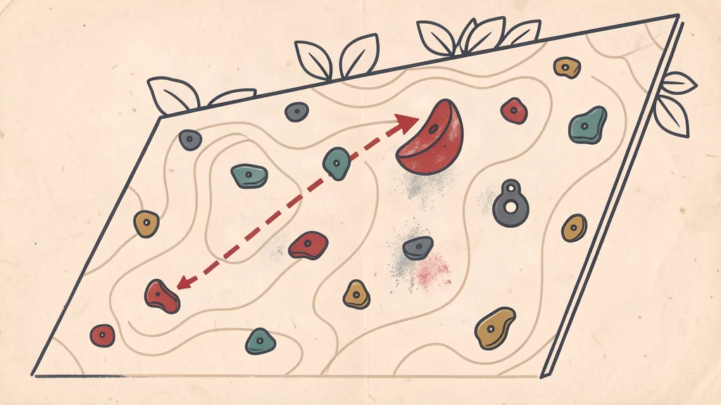 Chalky topo-map illustration of an outdoor bouldering wall with a dashed route line and colored holds