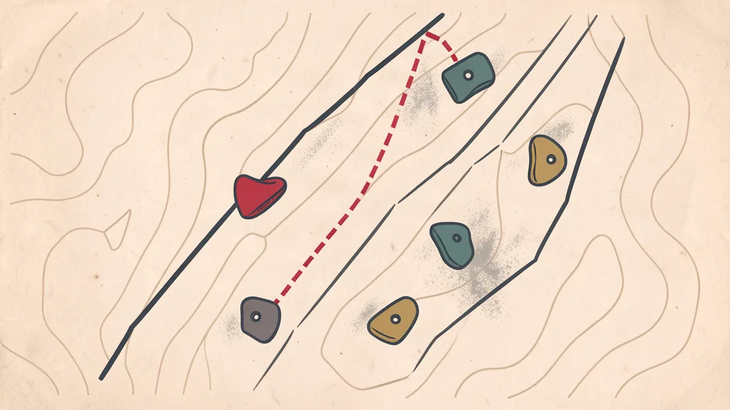 Chalky topo-map illustration of a steep bouldering wall with a dashed route line and colored holds