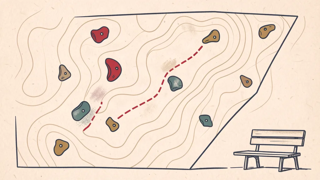 Chalky topo-map illustration of a bouldering wall with a dashed route line and colored holds