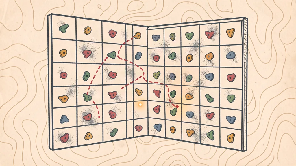 Chalky topo-map illustration of an adjustable LED training board with a dashed route line and colored holds