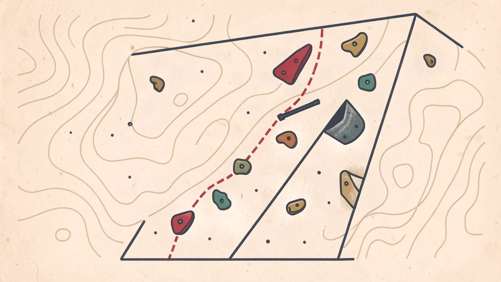 Chalky topo-map illustration of a bouldering wall with a dashed route line and colored holds