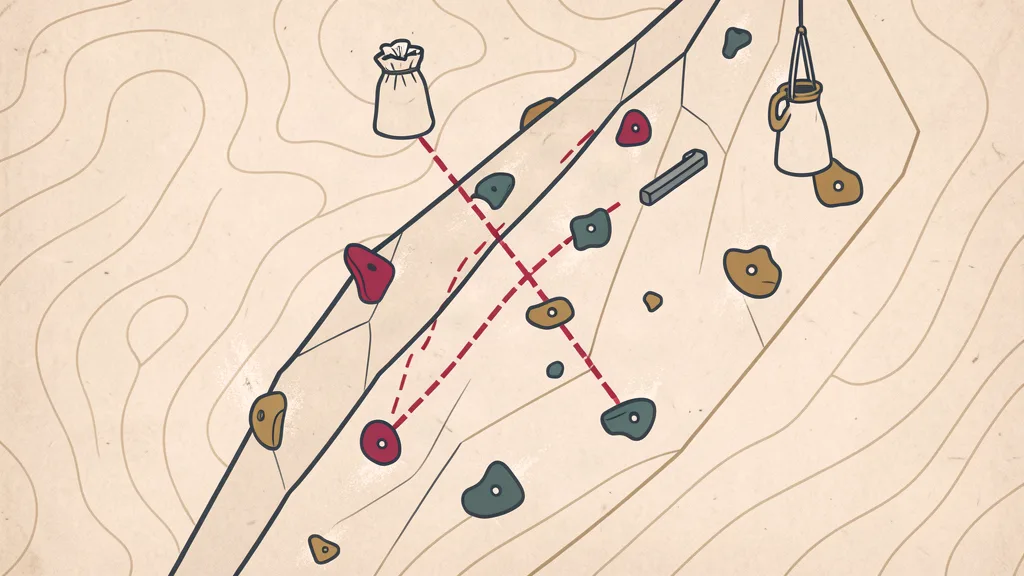 Chalky topo-map illustration of a California coastline map with climbing holds and a dashed route line between gym markers