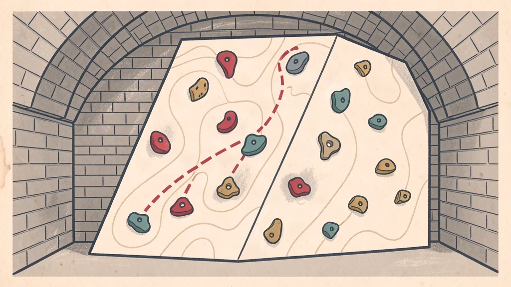 Chalky topo-map illustration of a bouldering wall with a dashed route line and colored holds in a vaulted cellar