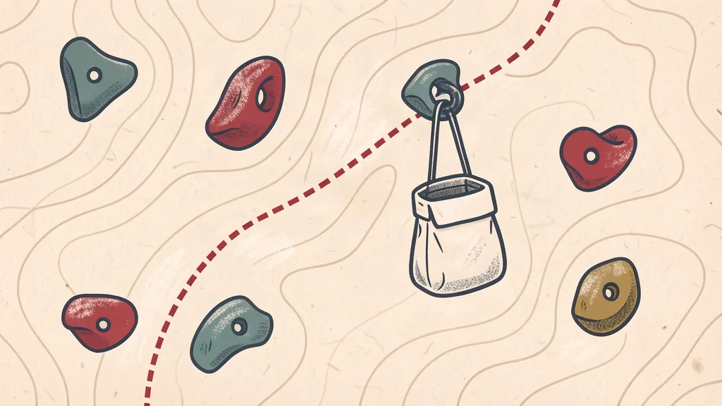 Chalky topo-map illustration of a wall of colored climbing holds with a chalk bag hanging from a jug and a dashed route line